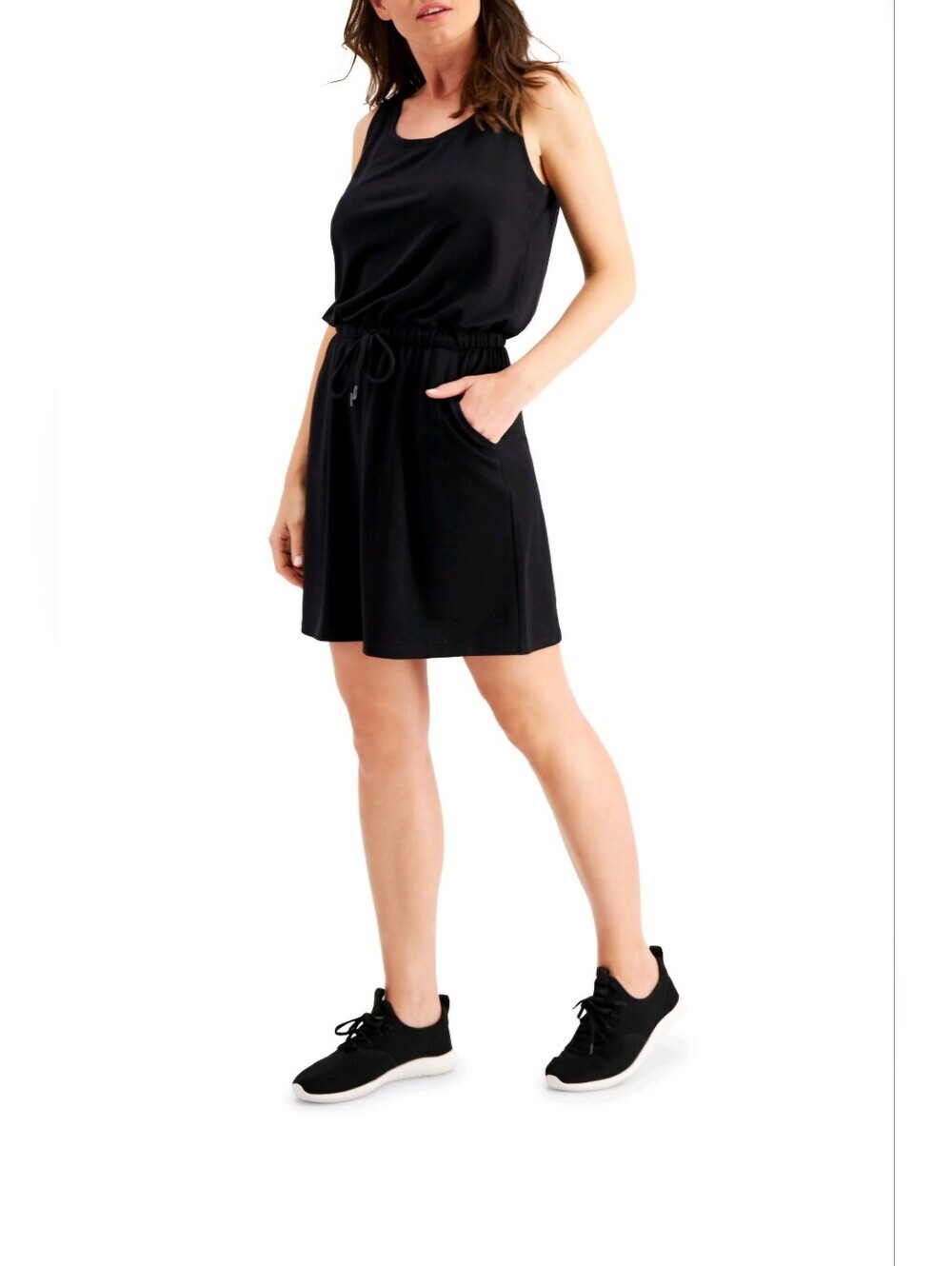 NWT IDEOLOGY Womens Black Stretch Pocketed Tie Drawstring Waist Sleeveless Scoop